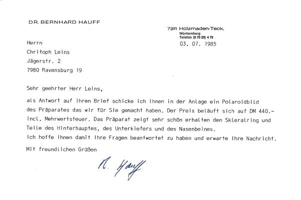 Ichthyosaurier Ankauf Brief 1985